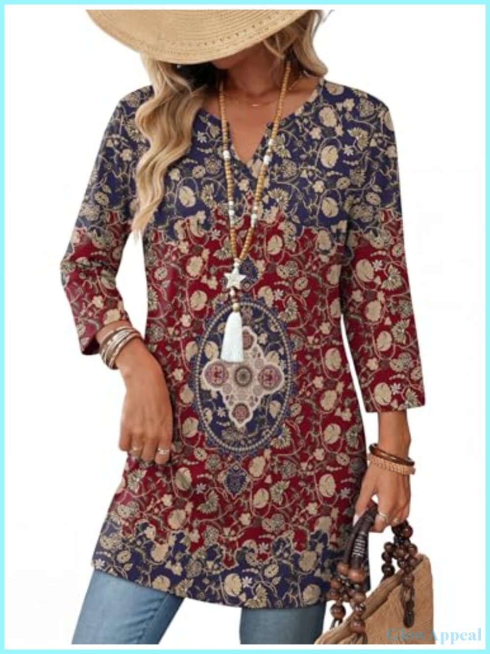 Womens Boho Tunic Top 3/4 Sleeve V-Neck Longline Summer Blouse